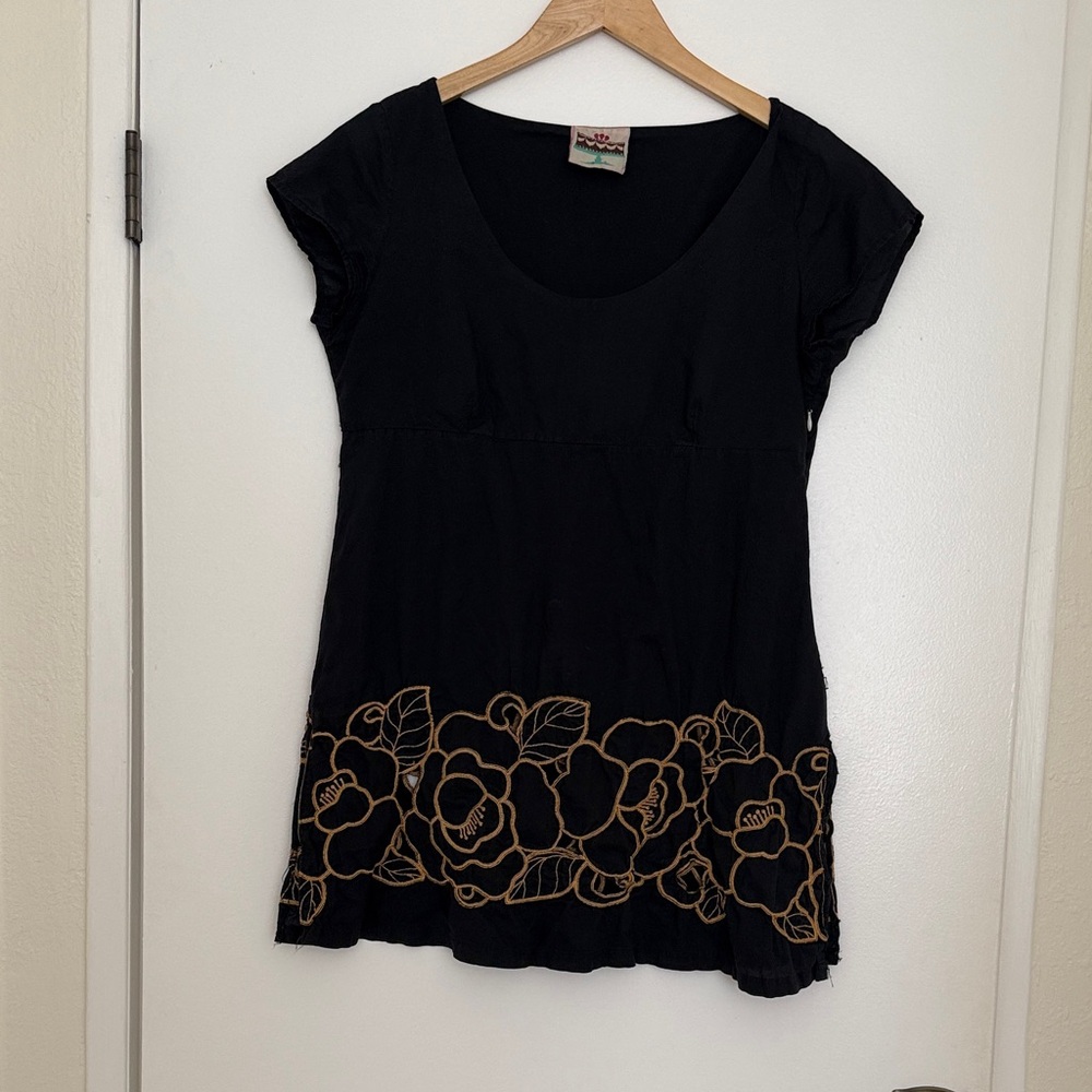 Elegant Black Tunic with Gold Floral Accents
